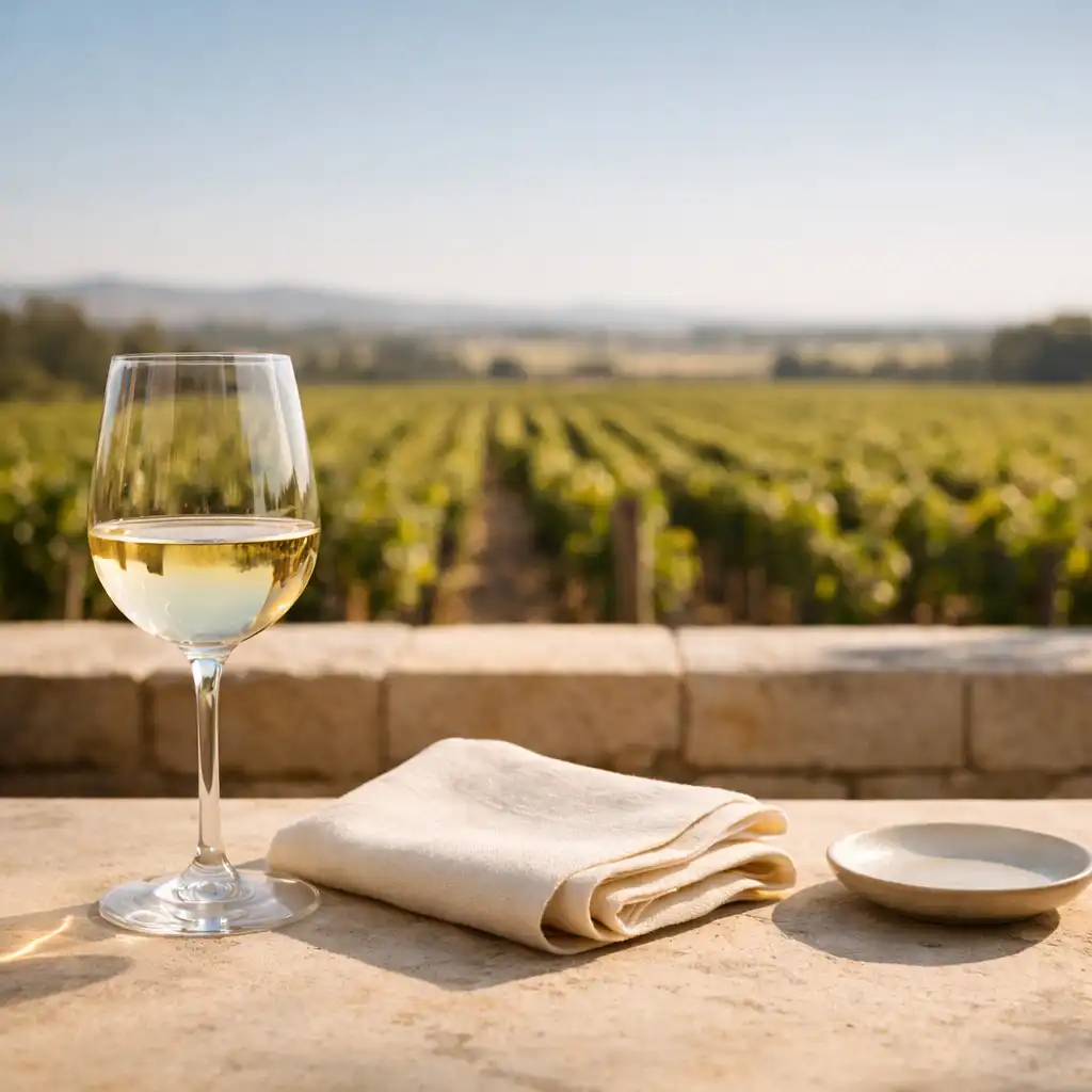 An elegant wine glass and folded ivory linen looking toward sunlit vineyard rows
