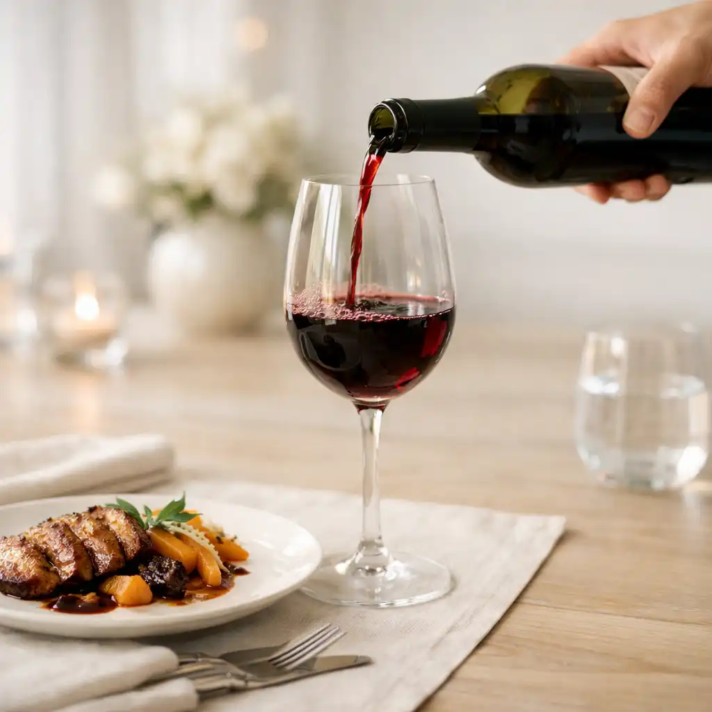 Wine being poured beside a seasonal plated course