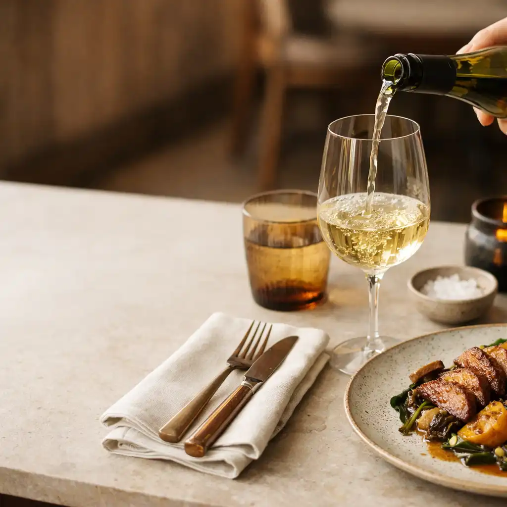 A wine glass beside a seasonal plate on ivory linen