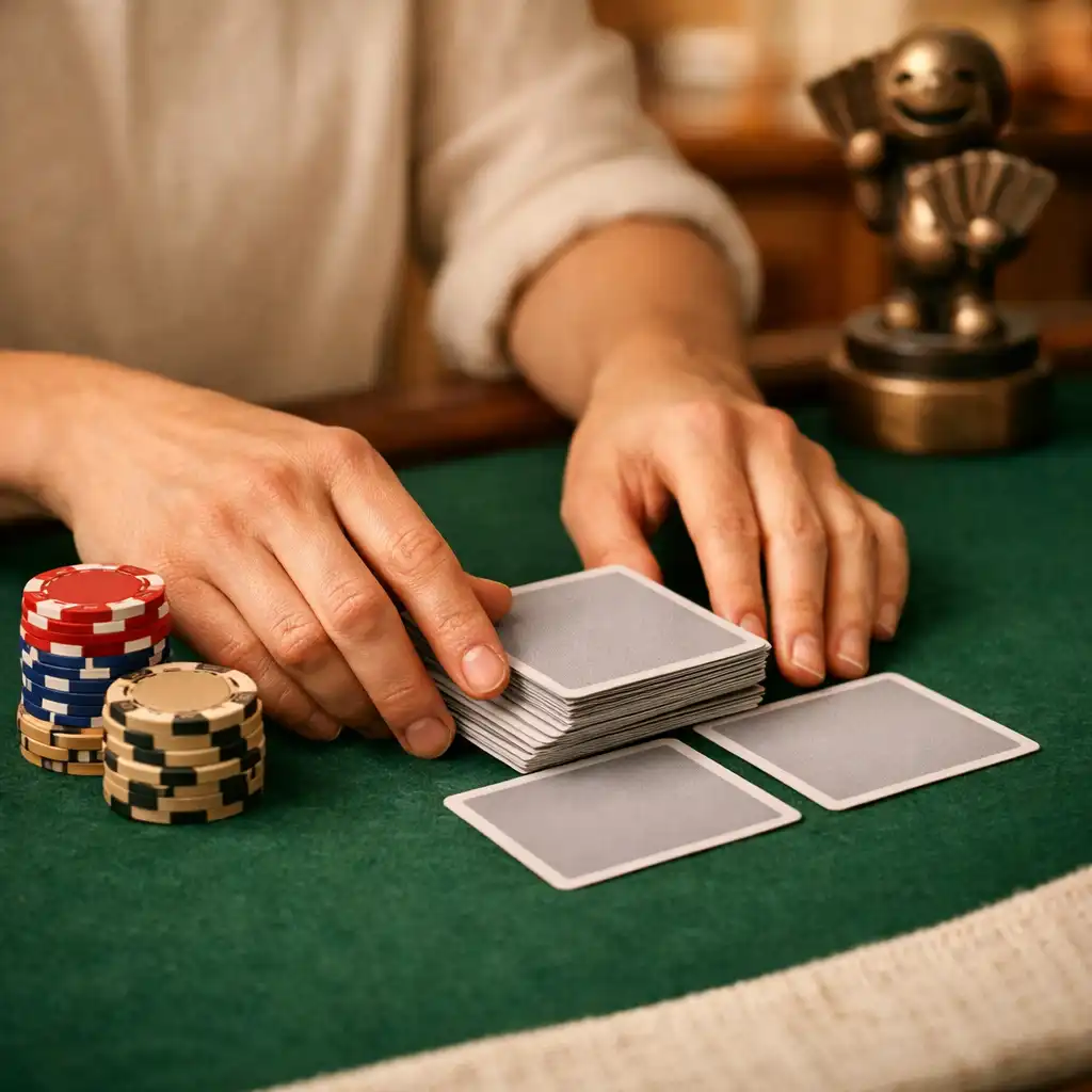 Hands arranging cards and souvenir poker chips on deep green felt
