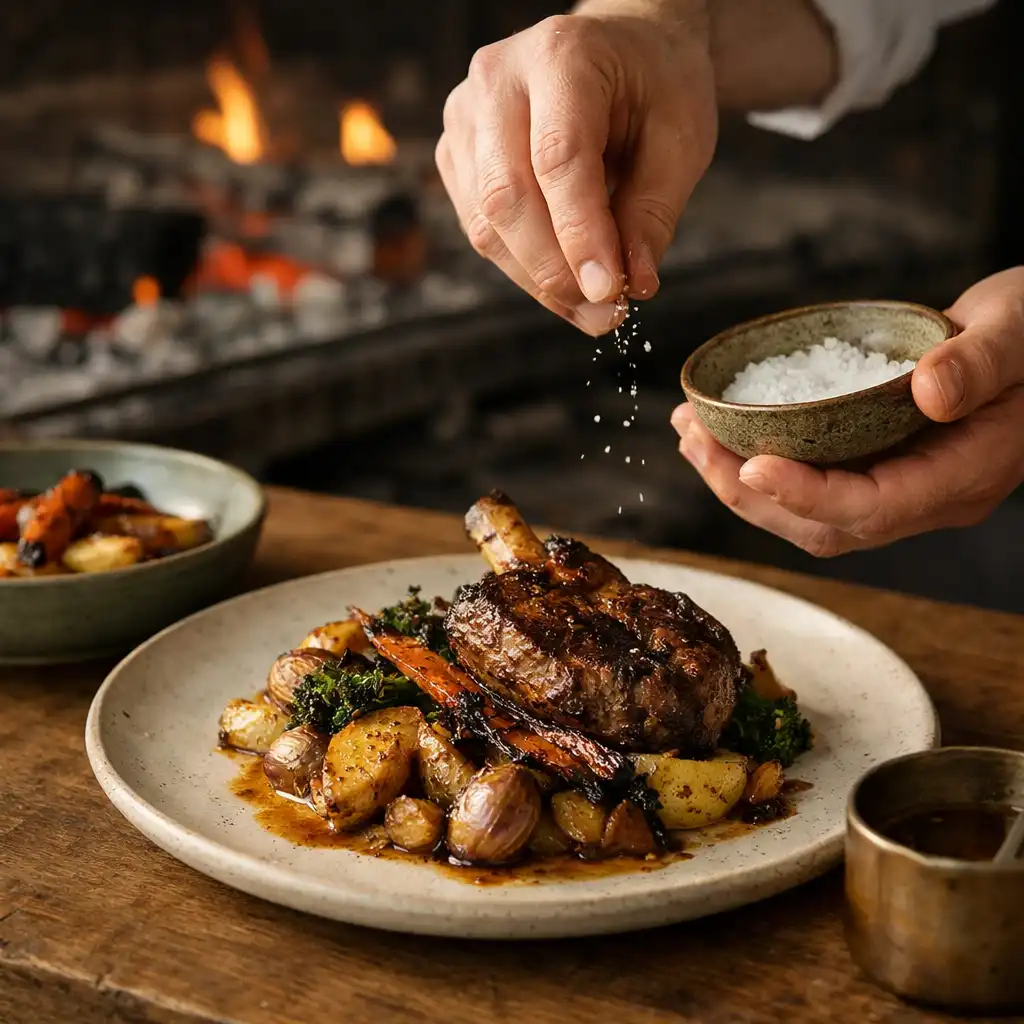 Chef finishing a seasonal dish with roasted produce