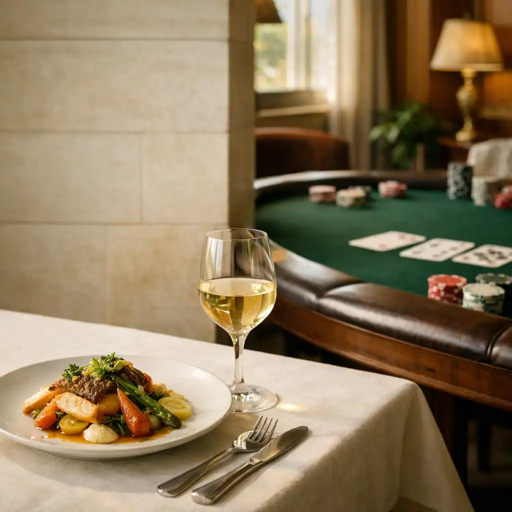 A plated dish and wine glass beside a green felt poker table in the Ivoryandlinenn venue