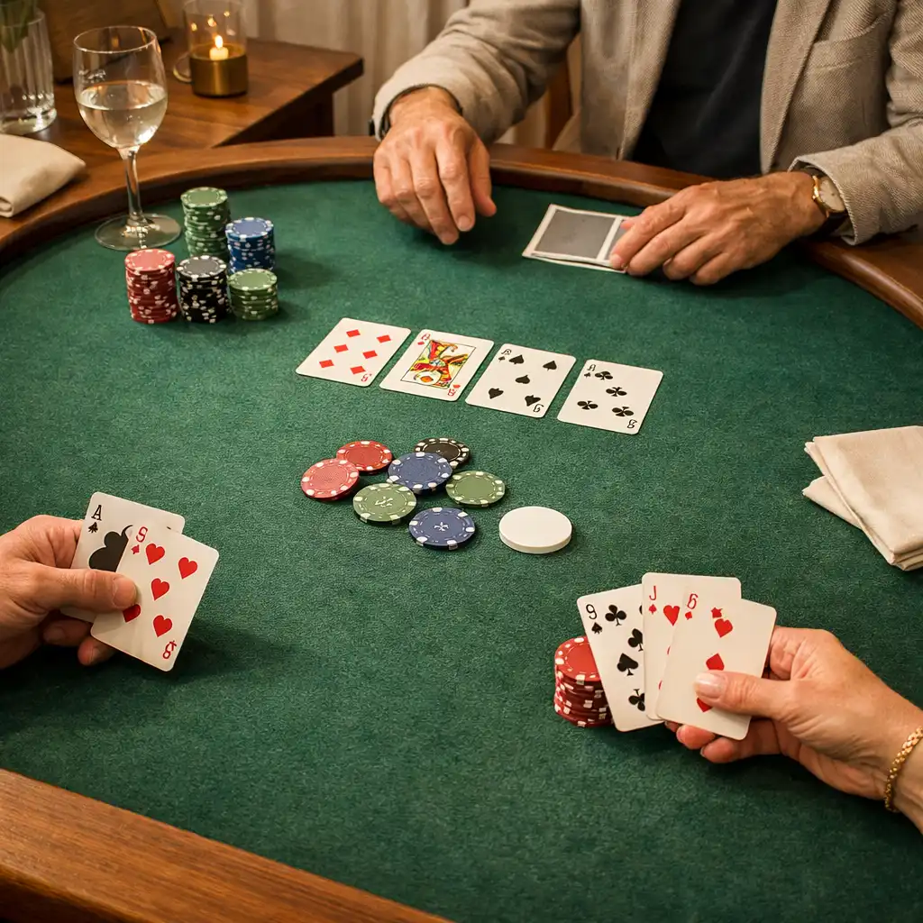 Hands, cards and souvenir chips on a felt poker table in the offline lounge