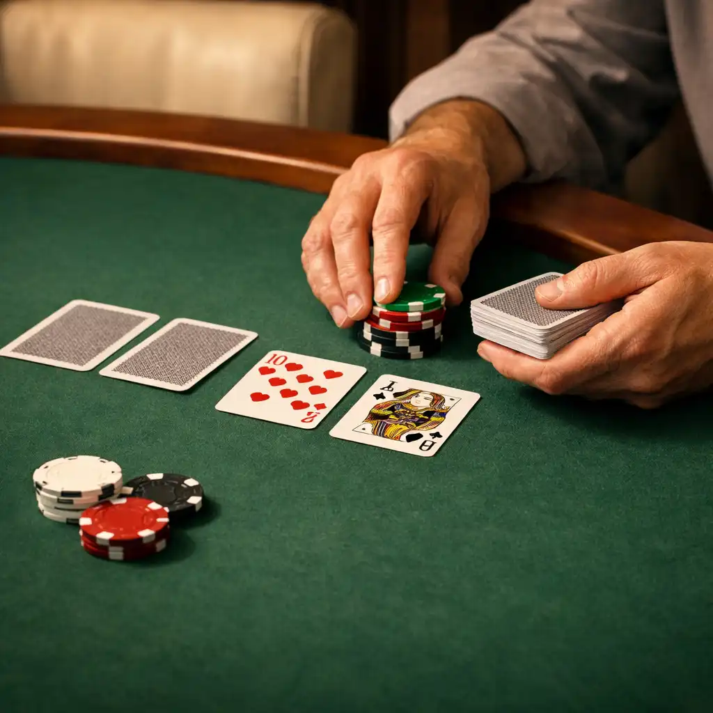 Hands, cards and souvenir poker chips arranged on a deep green felt table