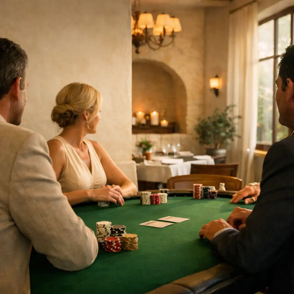 Guests gathered around a green felt poker table in Ivoryandlinenn’s refined physical salon