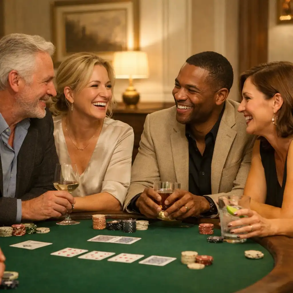Guests sharing conversation around a green felt poker table