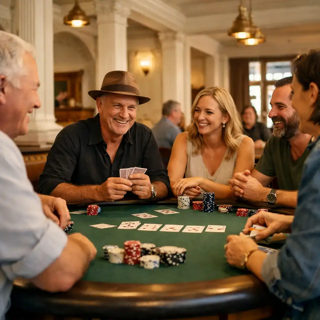 Guests sharing conversation around a green felt poker table