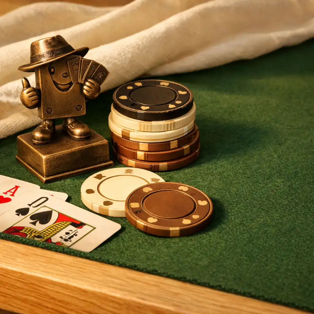A friendly bronze trophy, souvenir poker chips and cards on green felt