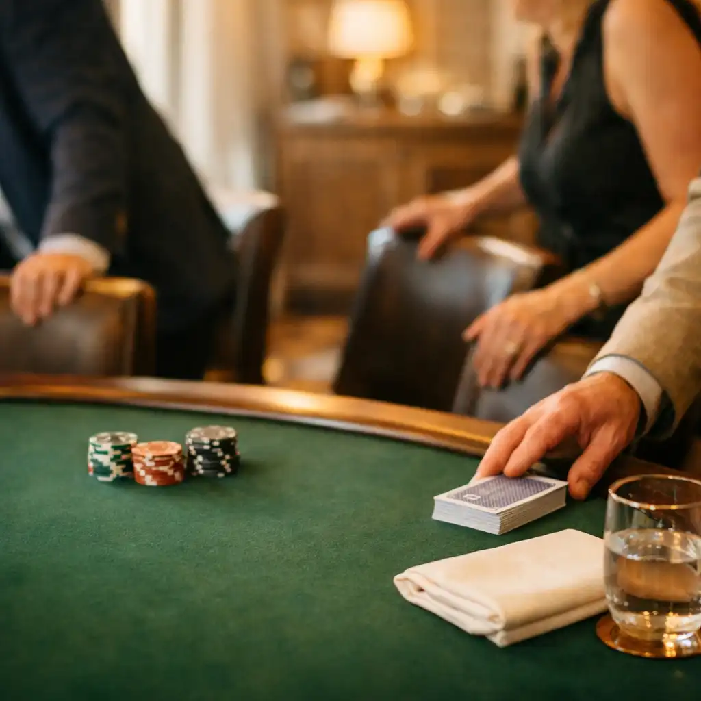 Guests drawing chairs near a felt poker table while a host sets cards beside souvenir chips.