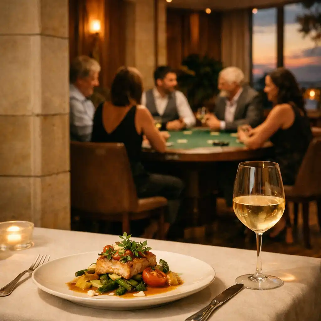 A plated seasonal dish and wine glass in the foreground with a felt poker table visible deeper in the venue.