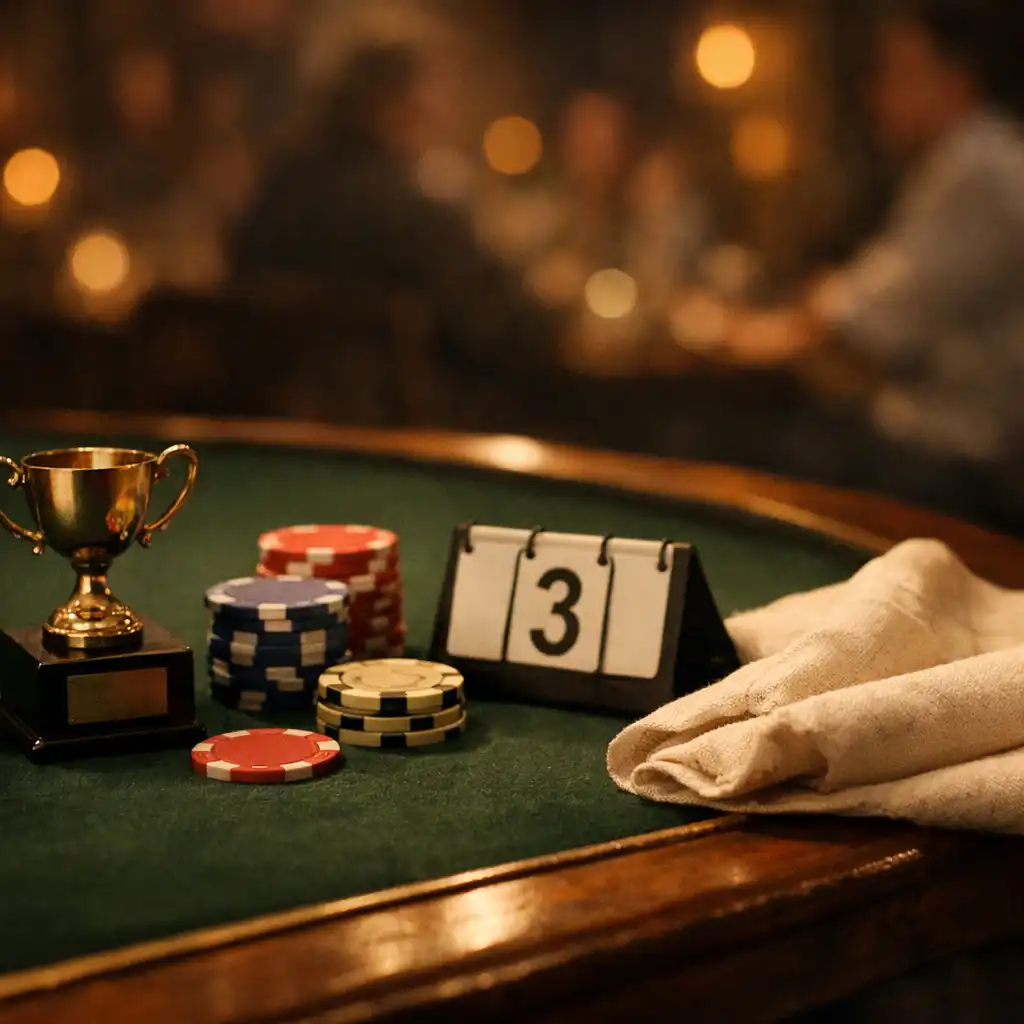 A small friendly trophy, souvenir poker chips, and a points marker arranged on a green felt table.