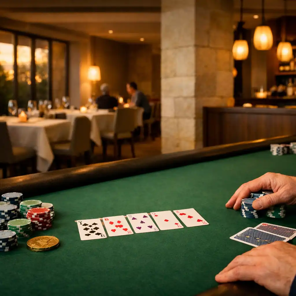 Hands resting near cards and souvenir chips on a felt poker table beside a softly lit dining room.