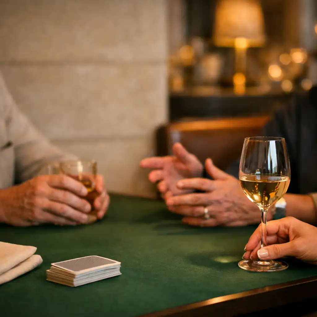 Adult guests talking naturally around a felt poker table with glassware and ivory linen nearby.
