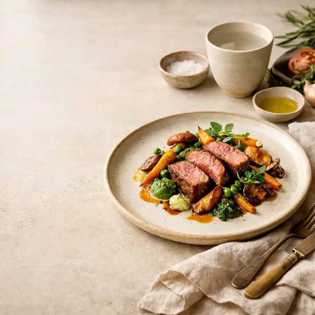 A carefully plated seasonal Australian dish on pale ceramic and ivory linen