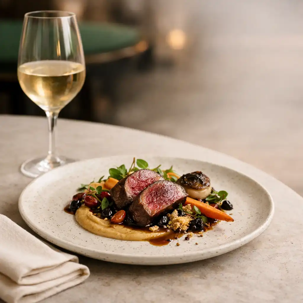 A seasonal plated dish with ivory linen and a wine glass at Ivoryandlinenn