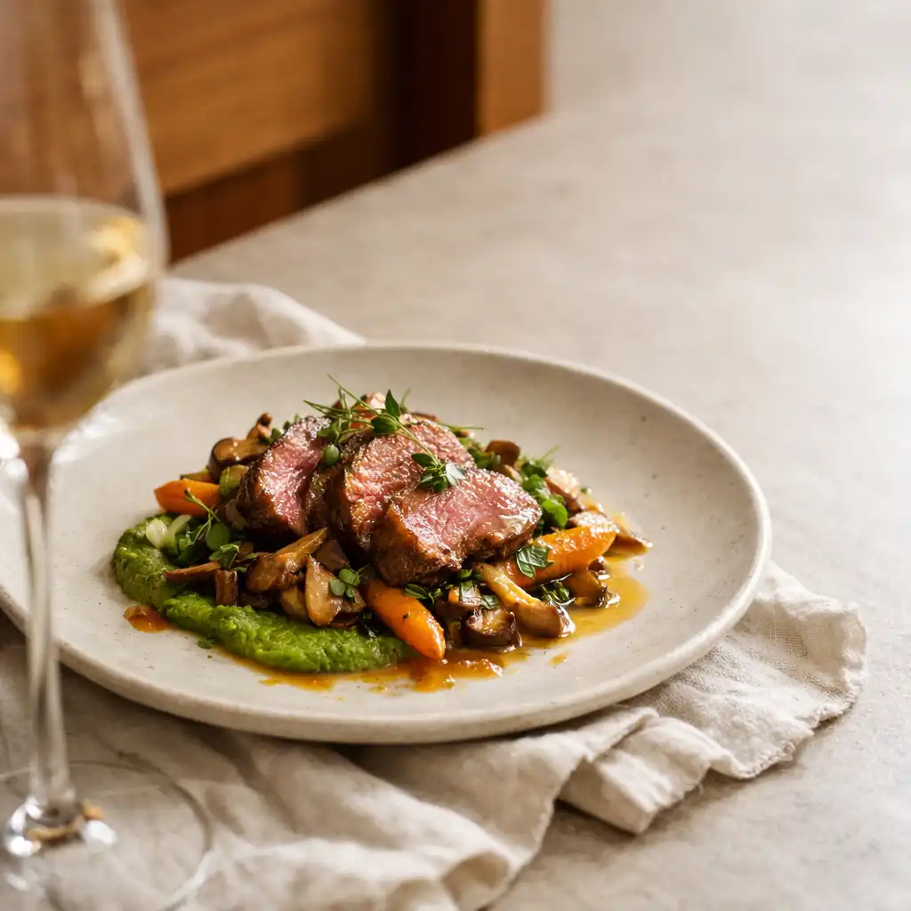 Seasonal plated dining on ivory linen beside a wine glass
