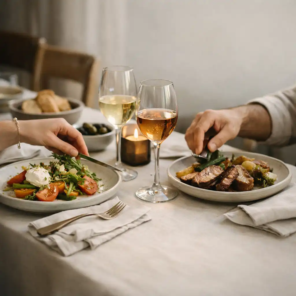 Guests reaching toward seasonal plates and wine glasses at a warmly lit shared dining table