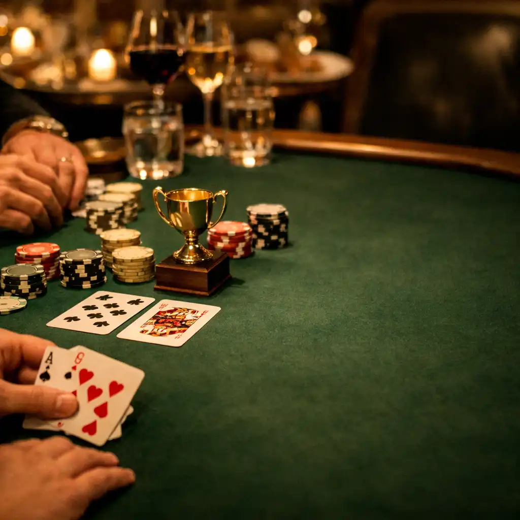 Hands gathered around a felt poker table with cards, souvenir chips, a small friendly trophy and glassware