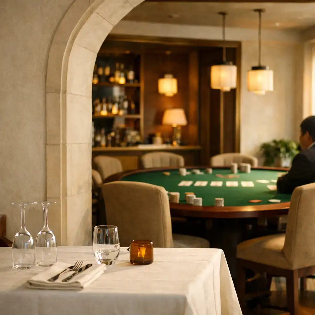 A linen-dressed dining table opening toward a felt-green poker table in the Ivoryandlinenn venue
